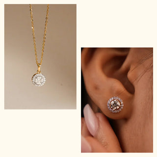 Set of 2|Halo Lab Grown Diamond Jewelry Set | Pendant Necklace & Stud Earrings
