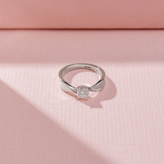 Top view of Cushion Solitaire Diamond Ring in  14 KT white gold, featuring a Cushion-cut centre diamond and sleek twisted crossover shoulders.