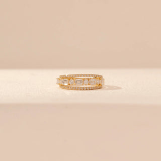 Front view of Diamond Band Ring in 14KT Yellow Gold, featuring baguette and round diamonds with pavé borders.