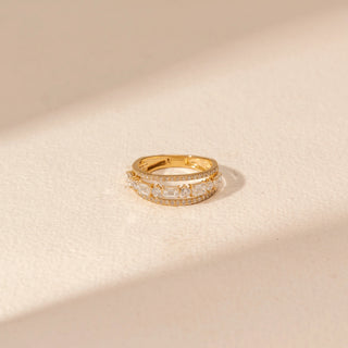 Top view of Diamond Band Ring in 14KT Yellow Gold, featuring baguette and round diamonds with pavé borders.