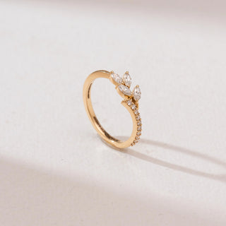 Front view of Marquise Leaf Branch Diamond Ring in 14KT yellow gold, featuring marquise-cut diamonds in a leaf design with a curved pavé diamond band for delicate sparkle.