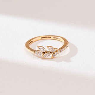 Top view of Marquise Leaf Branch Diamond Ring in 14KT yellow gold, featuring marquise-cut diamonds in a leaf cluster with a curved pavé diamond band for refined sparkle.