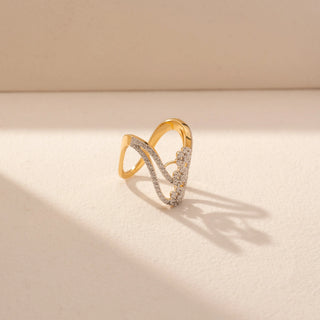 Angled view of Curved Floral Diamond Ring in 14KT Yellow Gold, featuring diamond-studded arcs and floral clusters.