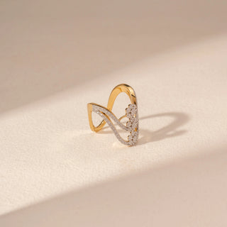 Side view of Curved Floral Diamond Ring in 14KT Yellow Gold, featuring diamond-studded arcs and floral clusters.