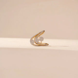 Close-up view of Curved Floral Diamond Ring in 14KT Yellow Gold, featuring diamond-studded arcs and floral clusters.