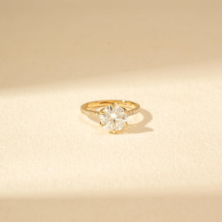 Close-up view of Classic Solitaire Diamond Ring in 14KT Yellow Gold, featuring a round brilliant-cut diamond and pavé-set band.
