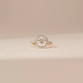 Front view of Exquisite Round Halo Diamond Ring in 14KT Yellow Gold, featuring a round-cut lab-grown diamond.