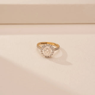 Top view of Exquisite Round Halo Diamond Ring in 14KT Yellow Gold, featuring a round-cut lab-grown diamond.