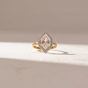 Elongated Hexagon Halo diamond Ring