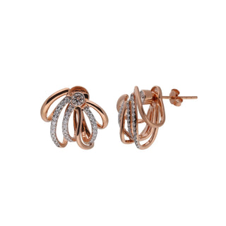 A close-up front view of a 14 KT rose gold female earrings secured through a bombay screw , on a white background, featuring an intricate swirling design crafted with rose gold and lab grown round cut diamonds in prong setting with a total of 1.12 carat creating an elegant look for any occasion and weighing 11.31 grams.