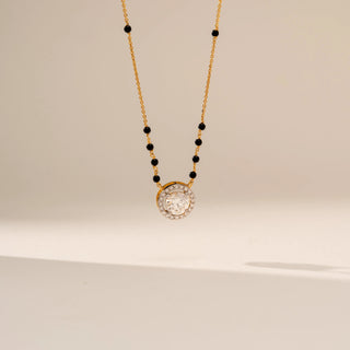 Front view of Elegant Round Halo Diamond Mangalsutra in 14KT Yellow Gold, featuring a round lab-grown diamond with a diamond halo.