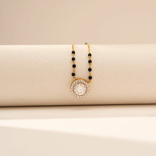 Close-up view of Elegant Round Halo Diamond Mangalsutra in 14KT Yellow Gold, featuring a round lab-grown diamond with a diamond halo.