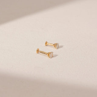 Side view of Solitaire Diamond Earrings in 14KT Yellow Gold, featuring square-cut lab-grown diamonds in a prong setting.