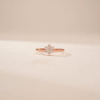 Front view of a 14KT Rose Gold diamond ring with a floral cluster of round diamonds on a plain band.