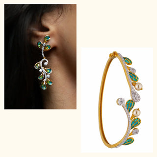 Set of 2|Leafy Diamond Jewelry Set | Enamel Pearl Bracelet & Vine Earrings