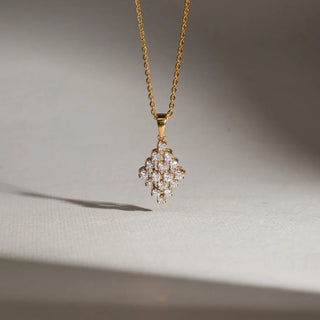 Cluster pendant necklace featuring round-cut diamonds arranged in a tapered drop shape, suspended from a fine gold chain for a delicate and elegant look.
