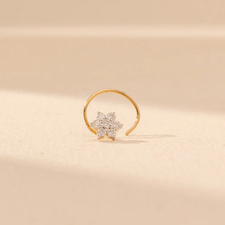 Front view of Floral Cluster Diamond Open Nose Ring in 14KT Yellow Gold, featuring a flower-shaped cluster of round diamonds.