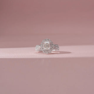 Front view of Floral Emerald-Cut Diamond Ring in 14KT White Gold, featuring an emerald-cut centre diamond and floral halo.