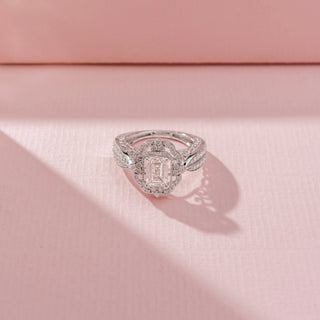 Close-up view of Floral Emerald-Cut Diamond Ring in 14KT White Gold, featuring an emerald-cut centre diamond and floral halo.