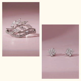 Set of 2|Marquise Lab Grown Diamond Jewelry Set | Flower Burst Studs & Leaf Vine Ring