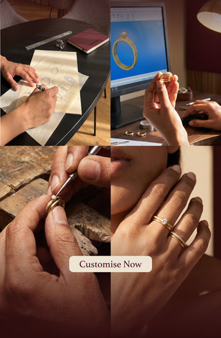 Angled view of custom jewellery creation, showing ring sketches, CAD modelling, handcrafting and a finished 14KT gold ring.
