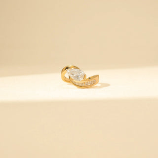 Front view of Curved Solitaire Diamond Open Ring in 14KT Yellow Gold, featuring a round diamond and pavé curved band.