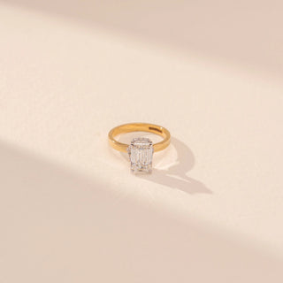 Top view of Contemporary Emerald Sparkle Diamond Ring in 14KT Yellow Gold, featuring an emerald-cut lab-grown diamond.