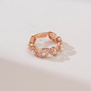Top angled view of Geometric Alternating Halo Diamond Ring in 14KT Rose Gold, featuring emerald-cut and round diamonds encircled by pavé halos in a continuous eternity band design.