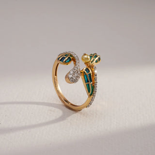 Side view of Emerald Enamel Leaf Diamond Ring in 14KT Yellow Gold, featuring EF VVS diamonds, green enamel leaf motifs, and a pearl accent for a modern yet traditional charm.