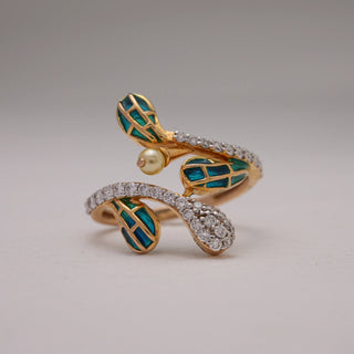 Close-up view of Emerald Enamel Leaf Diamond Ring in 14KT Yellow Gold with EF VVS round diamonds, green enamel leaf motifs, and a pearl accent, blending artistry and elegance.