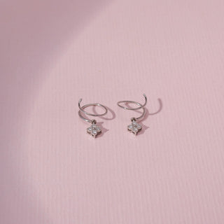 Top view of Floral Loop Diamond Earrings in 14KT White Gold, featuring round lab-grown diamonds in floral clusters.