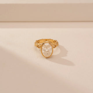 Top view of Vintage Oval Halo Diamond Ring in 14KT Yellow Gold, featuring an oval lab-grown diamond with a halo.