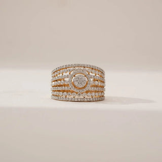 Front view of Grand Multi Row Diamond Band in yellow gold, featuring layered rows of round lab-grown diamonds with a circular centre cluster, creating a bold structured design on a neutral surface.