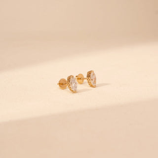 Side view of marquise-cut lab-grown diamond stud earrings in 14 KT yellow gold, featuring bezel-set marquise-cut solitaire diamonds with intricate open gallery detailing in a timeless elegant design.