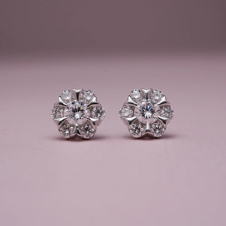 Front view of Elegant Flower Diamond Stud Earrings in 14KT White Gold with EF VVS round diamonds, designed in a radiant floral cluster for timeless elegance and dazzling brilliance.