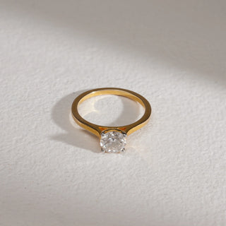 Top view of 14KT Yellow Gold Eternal Promise Solitaire Diamond Ring featuring a 1 CT EF VVS round diamond in a classic four-prong setting, radiating timeless brilliance and elegance.