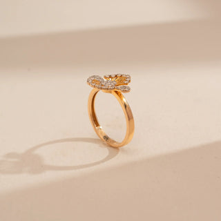 Angled view of Reia’s 14 KT Yellow Gold Intricate Floral Mandala Diamond Ring. The layout highlights the warm, romantic foundation and the architectural petals designed to capture light.