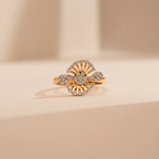 Front view of Reia’s 14 KT Yellow Gold Intricate Floral Mandala Diamond Ring. Captured on a cream backdrop, it highlights the multi-layered mandala motif set with brilliant round diamonds.