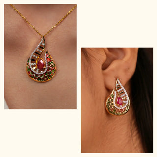 Set of 2|Ruby & Enamel Lab Grown Diamond Jewelry Set | Pendant & Earrings