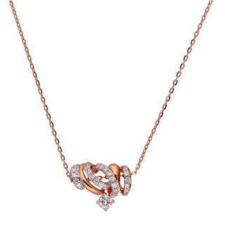 A close-up front view of a necklace of 16 inches on a white background showcasing a 14 KT  rose gold necklace with a spring lock featuring an intricate design of interlocking loops along with lab-grown round cut diamonds in a prong setting with a total of 0.41 carat with a larger diamond suspended below the loops finishing with a delicate rose gold chain complimenting the pendant weighing 3.92 grams, making it a perfect piece of luxury for any occasion.