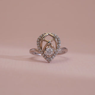 Front view of 14KT White Gold Classic Halo Teardrop Diamond Ring featuring a round EF VVS solitaire with pavé halo and lattice detail, crafted for elegance and everyday sophistication.