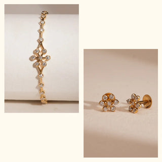 Set of 2|Sunburst Petal Lab Grown Diamond Jewelry Set | Stud Earrings & Golden Bud Bangle