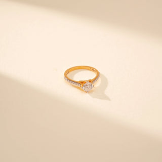 Top view of Elegant Pave Shoulder Diamond Ring in 14KT Yellow Gold, featuring a round-cut lab-grown diamond.