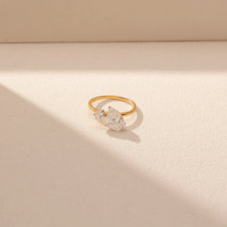 Top view of Double Pear Diamond Ring in 14KT Yellow Gold, featuring two pear-cut lab-grown diamonds in a sleek setting.