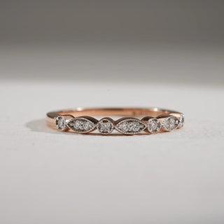 Close-up view of 14KT Rose Gold Delicate Grace Diamond Eternity Ring with alternating marquise and round EF VVS diamonds, crafted for timeless sparkle and perfect everyday stacking elegance.
