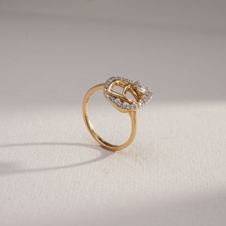 Side view of Teardrop Halo Diamond Ring in 14KT Yellow Gold, showcasing EF VVS round diamonds with pavé halo and openwork pear-shaped design for a refined and elegant sparkle.