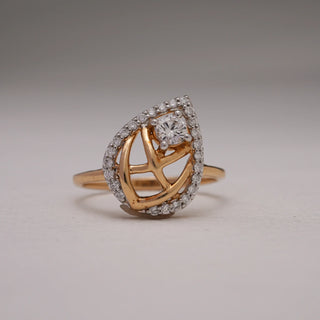 Close-up view of Teardrop Halo Diamond Gold Ring in 14KT Yellow Gold, featuring EF VVS round brilliant diamonds with pavé halo and openwork pear-shaped design for modern elegance.