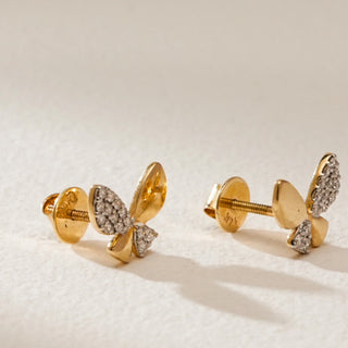 Side view of Celestial Butterfly Diamond Studs in 18KT Yellow Gold, adorned with EF VVS round diamonds totalling 0.23 carats, showcasing screw-back closure and elegant butterfly motif.