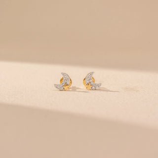 Front view of Crescent Diamond Earrings in 14KT Yellow Gold, featuring crescent-shaped designs set with round lab-grown diamonds.