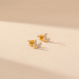 Side view of Crescent Diamond Earrings in 14KT Yellow Gold, featuring crescent-shaped designs with round lab-grown diamonds.